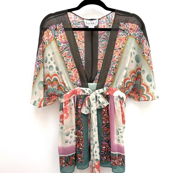 Vintage Nicole Miller Silk Chiffon Kimono Top Sheer Floral Tie Front Size Small - Picture 2 of 13